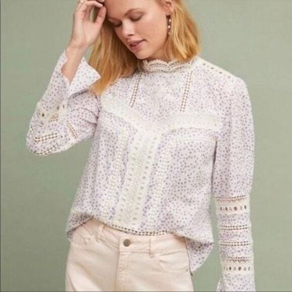 NWD Anthropologie Ranna Gill Purple Polka Dot Eyelet Top XS B-1274 - Picture 1 of 3